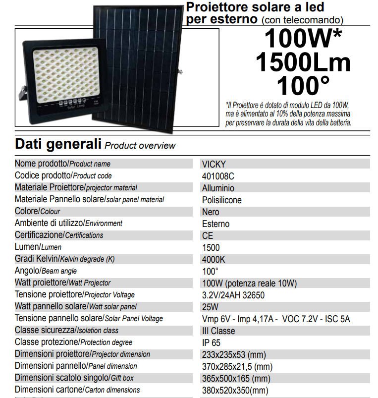 Faro Led Esterno Con Pannello Solare 100W 1500LM 4200K