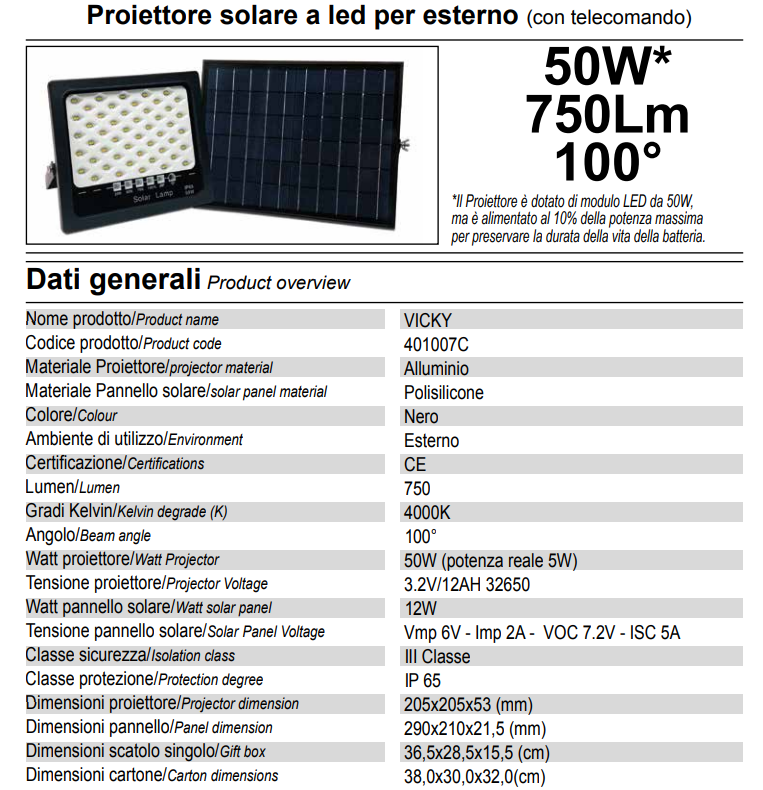 Faro Led Esterno Con Pannello Solare 50W - 750LM 4200K